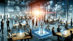 Scenă dinamică într-un birou modern cu o echipă diversă de inovatori și antreprenori angajați în utilizarea tehnologiilor avansate, cum ar fi interfețe de realitate augmentată și display-uri holografice, simbolizând inovația în afaceri.