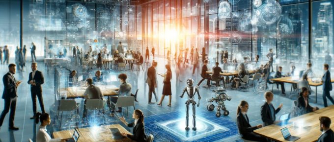 Scenă dinamică într-un birou modern cu o echipă diversă de inovatori și antreprenori angajați în utilizarea tehnologiilor avansate, cum ar fi interfețe de realitate augmentată și display-uri holografice, simbolizând inovația în afaceri.
