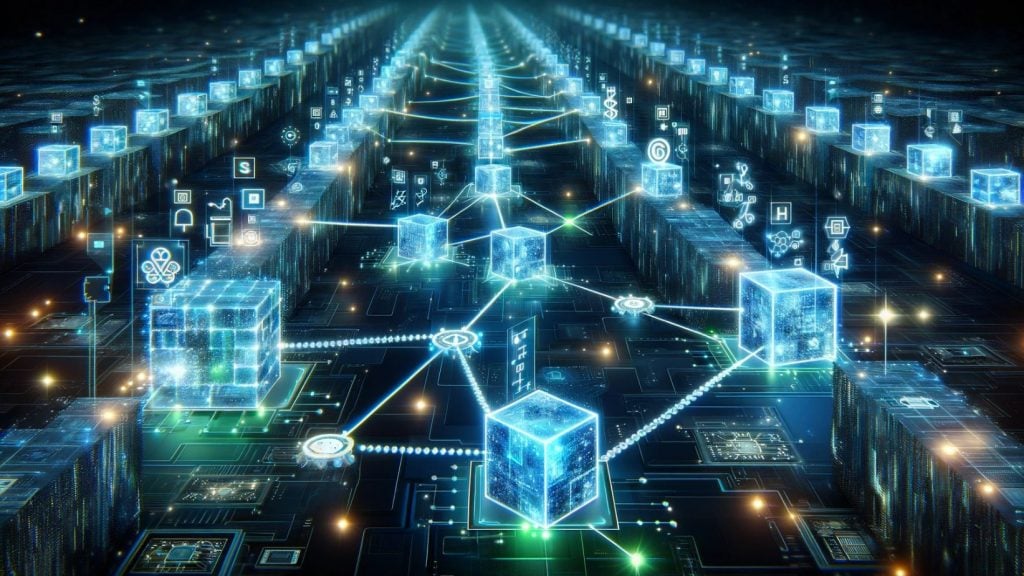 Această imagine abstractă și futuristă ilustrează conceptul de tehnologie blockchain, printr-o rețea de blocuri sau noduri interconectate, strălucind în nuanțe de albastru și verde. Fiecare bloc conține date digitale, reprezentate prin simboluri abstracte și coduri criptografice, subliniind aspectele de securitate și criptare ale tehnologiei. Blocurile sunt legate într-un lanț ce se întinde până la orizontul unui peisaj digital, sugerând potențialul descentralizat și infinit al blockchainului. Deasupra acestei rețele, fluxuri digitale de date și lumină evidențiază schimbul continuu de informații și procesul de verificare specific tranzacțiilor blockchain. Fundalul este un spațiu cibernetic întunecat, cu elemente digitale plutitoare, evidențiind natura avansată și complexă a tehnologiei blockchain. Imaginea captează esența blockchainului ca un registru digital revoluționar, arătând potențialul său de a transforma industriile prin asigurarea integrității datelor, securității și încrederii.
