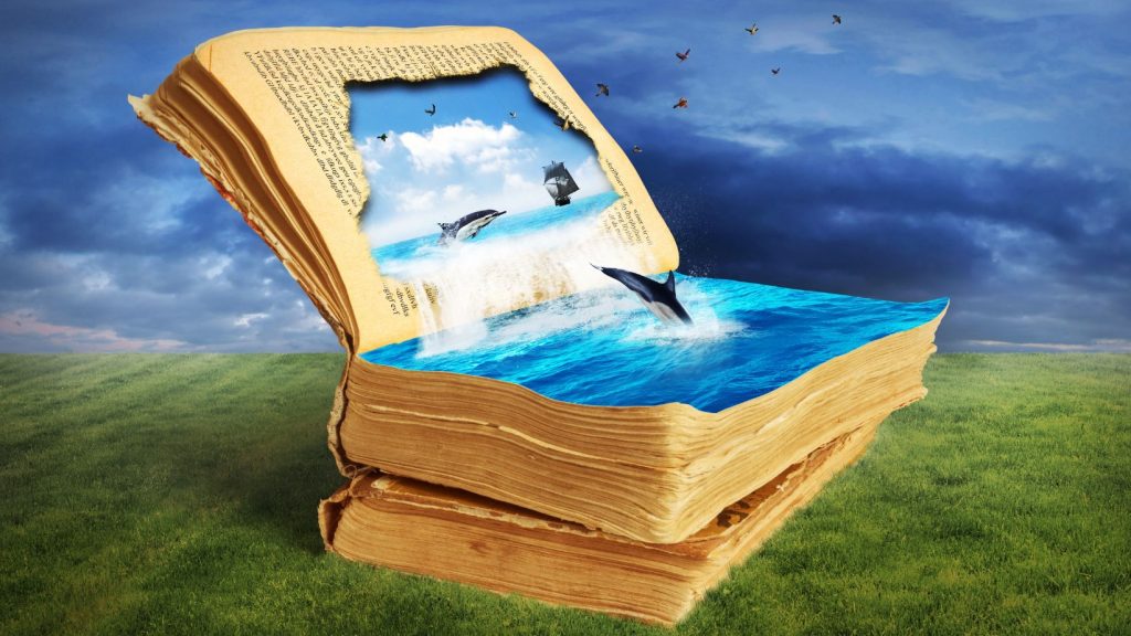 Carte magică deschisă cu pagină ruptă și delfin, alegere inspirată pentru cărți pentru copii.