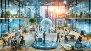 "Scenă inovatoare care prezintă HR și viitorul muncii într-un spațiu de lucru flexibil și de înaltă tehnologie, cu profesioniști angajați în practici de lucru futuriste, inclusiv întâlniri în realitate virtuală și analize conduse de AI.