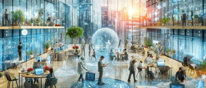 "Scenă inovatoare care prezintă HR și viitorul muncii într-un spațiu de lucru flexibil și de înaltă tehnologie, cu profesioniști angajați în practici de lucru futuriste, inclusiv întâlniri în realitate virtuală și analize conduse de AI.