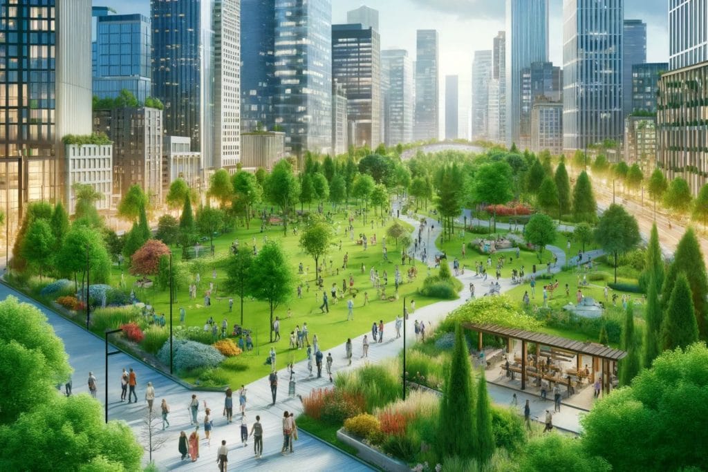 Imagine a unui parc urban animat cu persoane diverse bucurându-se de spațiul verde în mijlocul orașului. Parcul include alei și bănci, având clădiri înalte în fundal, subliniind sustenabilitatea urbană și beneficiile la diverse proiecte comunitare.