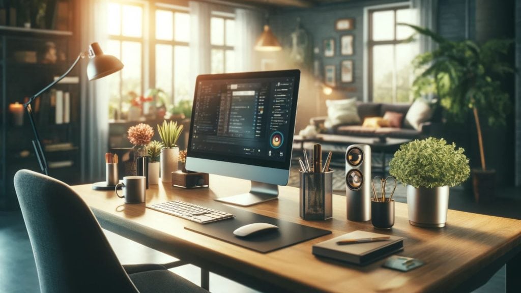 Setup de birou acasă minimalist și productiv pentru telemuncă, cu un birou bine organizat iluminat natural, incluzând elemente personale ca o plantă și o ceașcă de cafea, sugerând echilibrul dintre confort și profesionalism.