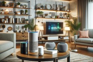 Un living modern care arată o varietate de boxe inteligente integrate în viața de zi cu zi. Scena include un Amazon Echo, un Google Nest, un Apple HomePod p și un Sonos One. Camera este decorată stilat cu mobilier contemporan, iluminare caldă și plante de interior, creând un mediu confortabil și îmbunătățit tehnologic. Focusul este pe integrarea fără probleme a acestor dispozitive într-un spațiu de locuit confortabil.