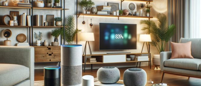 Un living modern care arată o varietate de boxe inteligente integrate în viața de zi cu zi. Scena include un Amazon Echo, un Google Nest, un Apple HomePod p și un Sonos One. Camera este decorată stilat cu mobilier contemporan, iluminare caldă și plante de interior, creând un mediu confortabil și îmbunătățit tehnologic. Focusul este pe integrarea fără probleme a acestor dispozitive într-un spațiu de locuit confortabil.