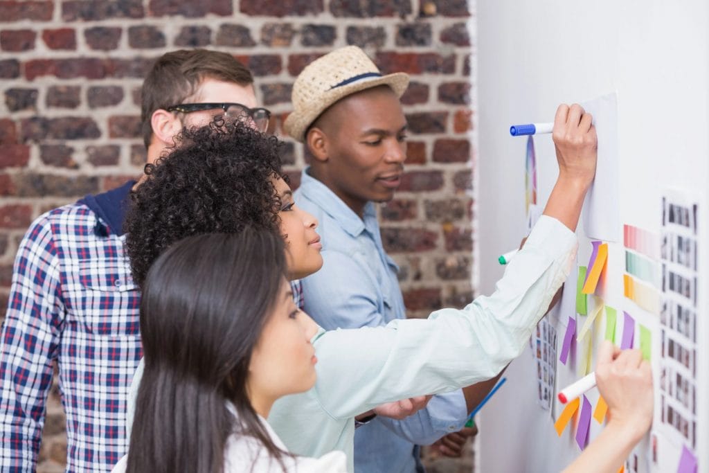 Un grup de persoane participând la o sesiune de brainstorming, lucrând împreună în fața unui panou alb plin de notițe colorate și idei.