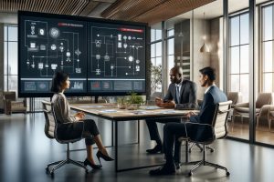 Mediu de birou arătând o echipă diversă angajată în rezolvarea conflictelor. O femeie asiatică, un bărbat de culoare și un bărbat caucazian discută în jurul unei mese de conferință, cu afișaje digitale ale diagramei fluxului și strategiilor pentru gestionarea conflictelor în fundal. Camera modernă și bine iluminată simbolizează eficiența echipei și profesionalismul în gestionarea conflictelor.