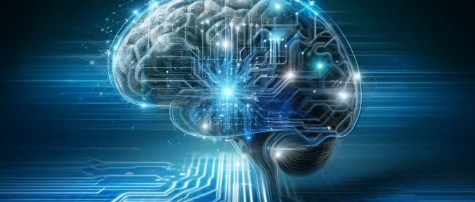 Imaginea prezintă o reprezentare futuristă a conceptului de inteligență artificială, având în centru un creier digital format din conexiuni neurale strălucitoare și fluxuri de date abstracte. Paleta de culori modernă, în tonuri de albastru și argintiu, subliniază complexitatea și natura interconectată a tehnologiei AI. Fundalul este discret detaliat, completând tema centrală a unui creier digital sofisticat.