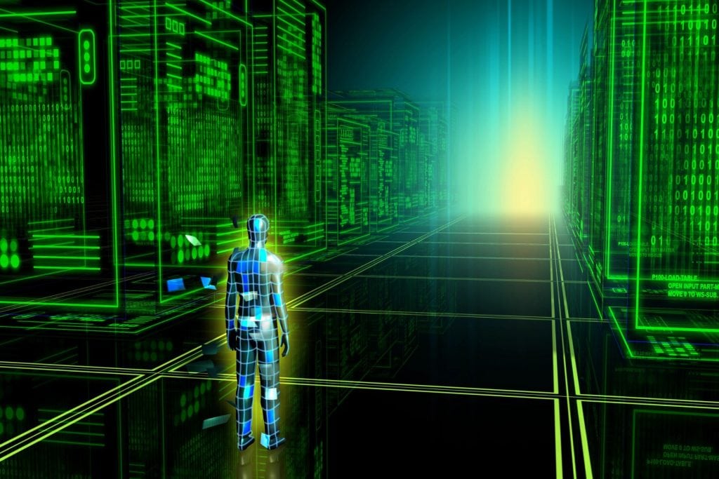 O reprezentare grafică a unei figuri umane digitale stă în fața unei perspectiva extinse într-un peisaj de date virtual, cu linii de cod și structuri de rețea care se întind până la un orizont luminat. Această imagine reflectă conceptul de explorare și navigare într-un mediu virtual complex cu ochelari VR de realitate virtuala.