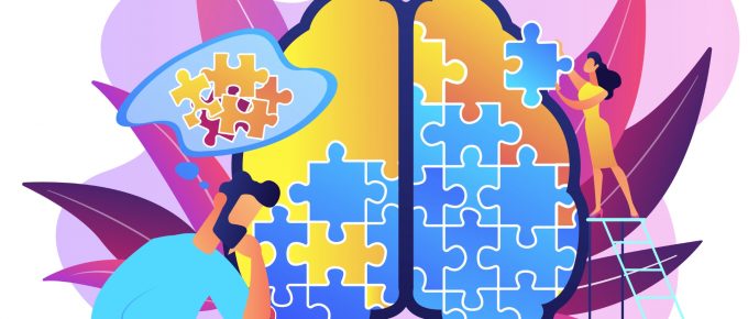 Imaginea ilustrează conceptul de sănătate mintală printr-o metaforă vizuală vibrantă. Vedem un creier mare, format din piese de puzzle, care simbolizează complexitatea și diversitatea gândurilor și emoțiilor umane. Un personaj masculin se află la baza creierului, lucrând la asamblarea unui puzzle, ce pare a fi un detaliu al întregii structuri. În partea opusă, o femeie urcă pe o scară pentru a adăuga o piesă la nivelul superior al creierului. Acest detaliu sugerează că sănătatea mintală este un proces activ și continuu, care necesită efort și atenție constantă. Întregul cadru este învăluit în culori calde și forme abstracte, sugerând o abordare optimistă și creativă în gestionarea sănătății mintale.