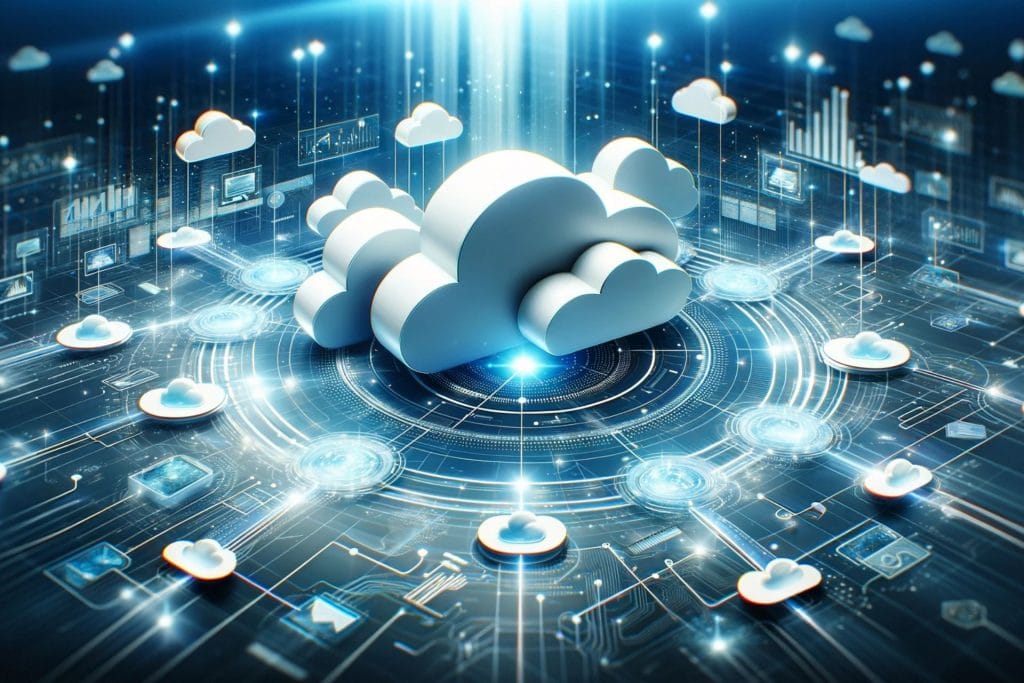 Imaginea prezintă o reprezentare futuristă și informativă a conceptului de cloud computing. Este ilustrată o rețea de nori interconectați, simbolizând integrarea și interacțiunea din cadrul serviciilor de cloud computing. Această vizualizare transmite ideea de conectivitate și accesibilitate oferită de platformele precum iCloud și Cloudflare, reprezentând în același timp conceptul mai larg al cloud computingului și beneficiile sale.
