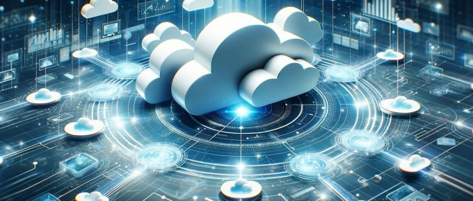 Imaginea prezintă o reprezentare futuristă și informativă a conceptului de cloud computing. Este ilustrată o rețea de nori interconectați, simbolizând integrarea și interacțiunea din cadrul serviciilor de cloud computing. Această vizualizare transmite ideea de conectivitate și accesibilitate oferită de platformele precum iCloud și Cloudflare, reprezentând în același timp conceptul mai larg al cloud computingului și beneficiile sale.